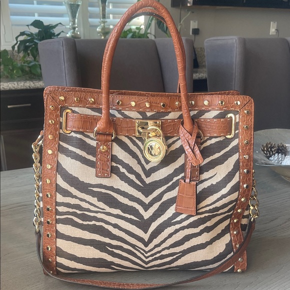 Michael Kors Zebra Print Satchel with Gold and Brown Details - Picture 1 of 8